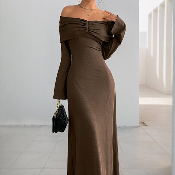 Off-Shoulder Long Sleeve Bodycon Maxi Dress | Formal Solid Dress - Picture 4 of 12
